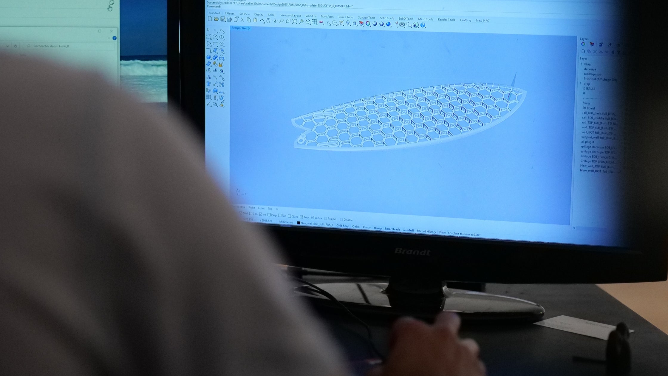 Surfboard shape in 3D on a computer screen using a CAD software 